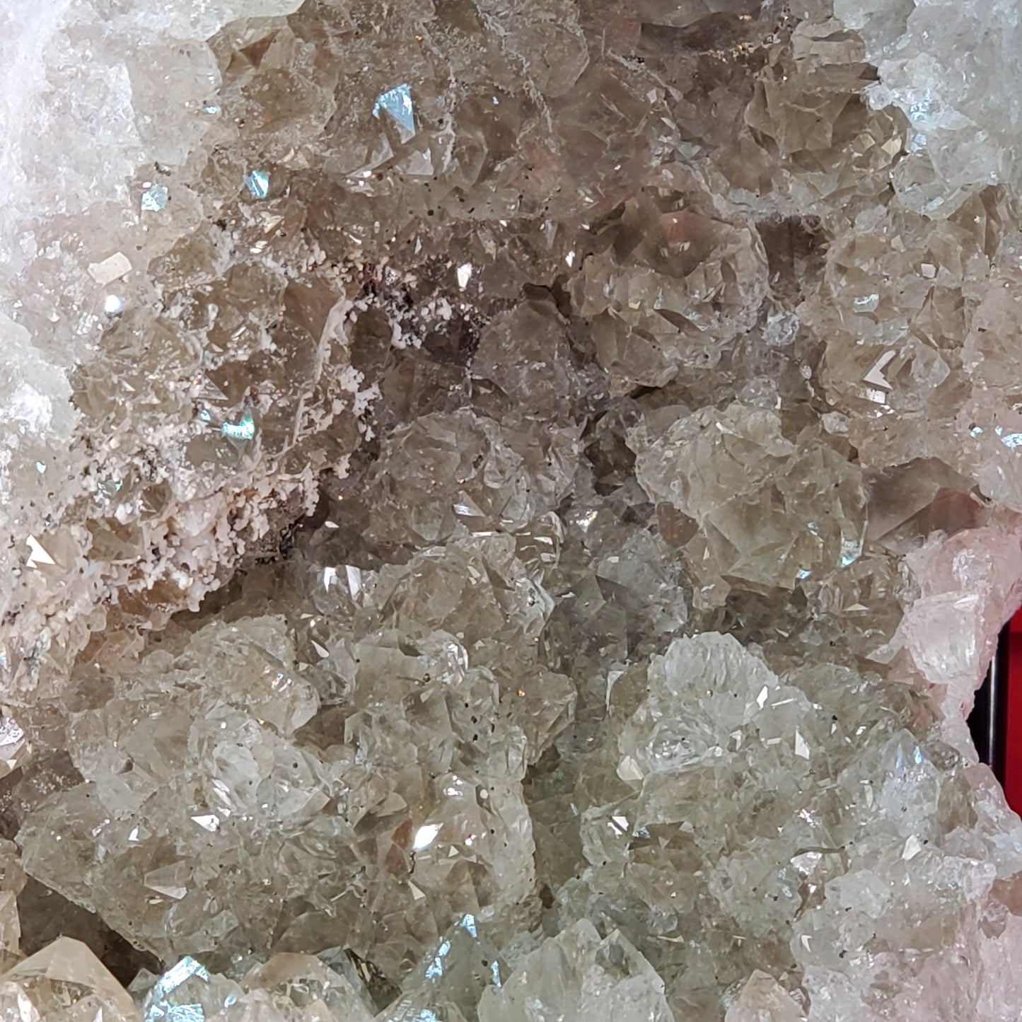 Smoky quartz geode chunk with white aragonite