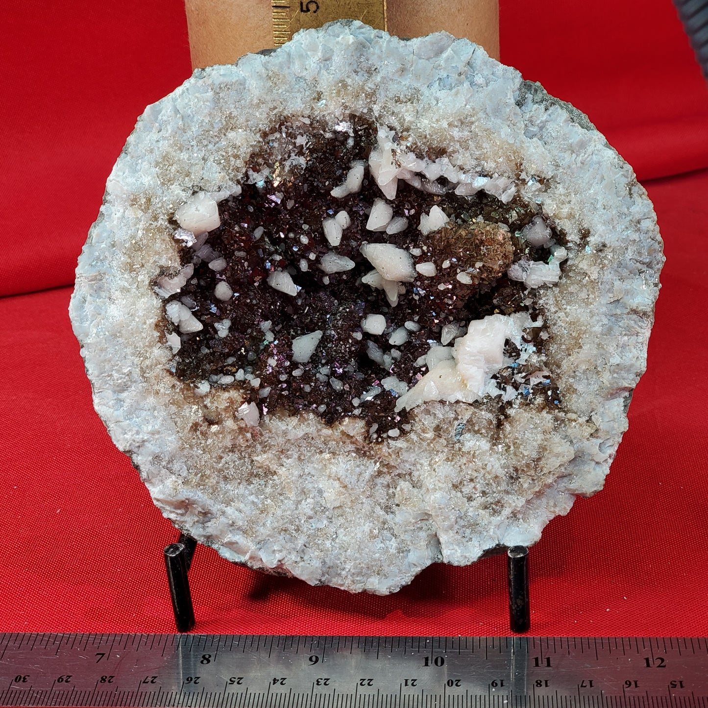 Iridescent brown and pink calcite geode set (cracked)