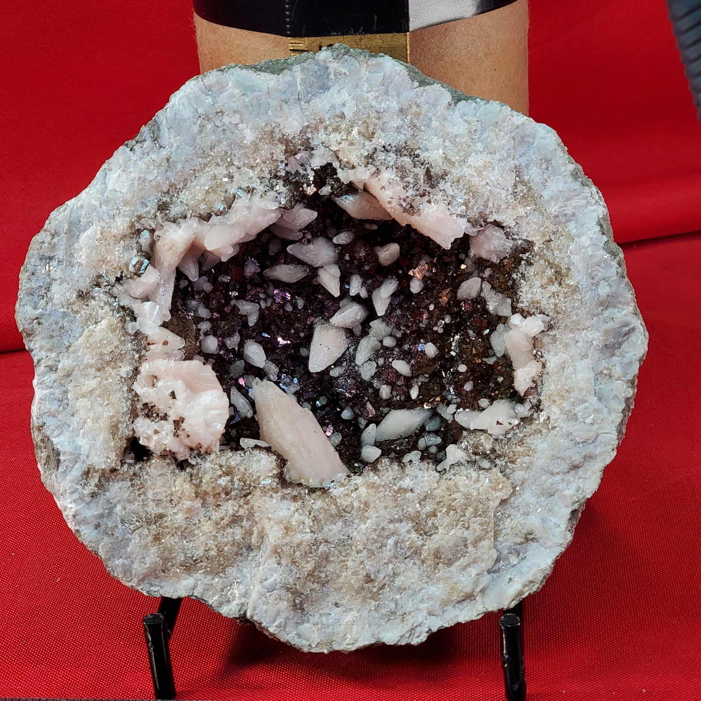 Iridescent brown and pink calcite geode set (cracked)