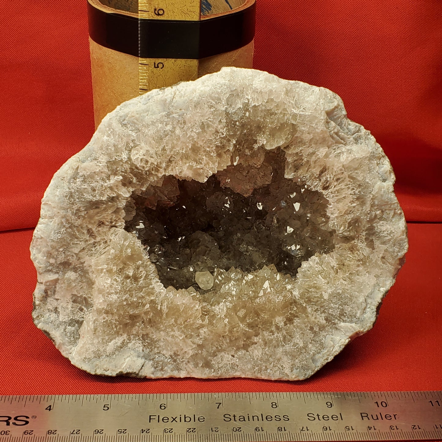 SMOKY QUARTZ AND CALCITE GEODE HALF