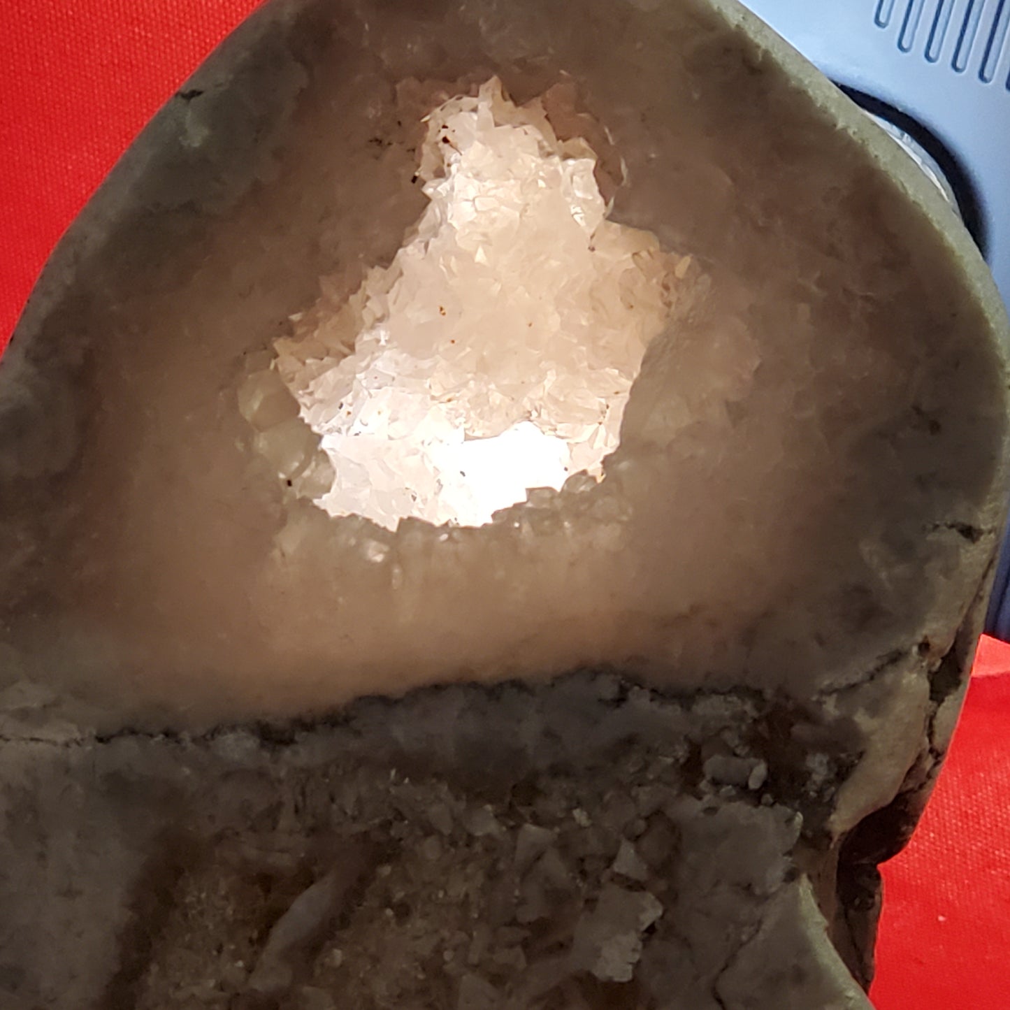 Polished double geode with UV reactive brown calcite