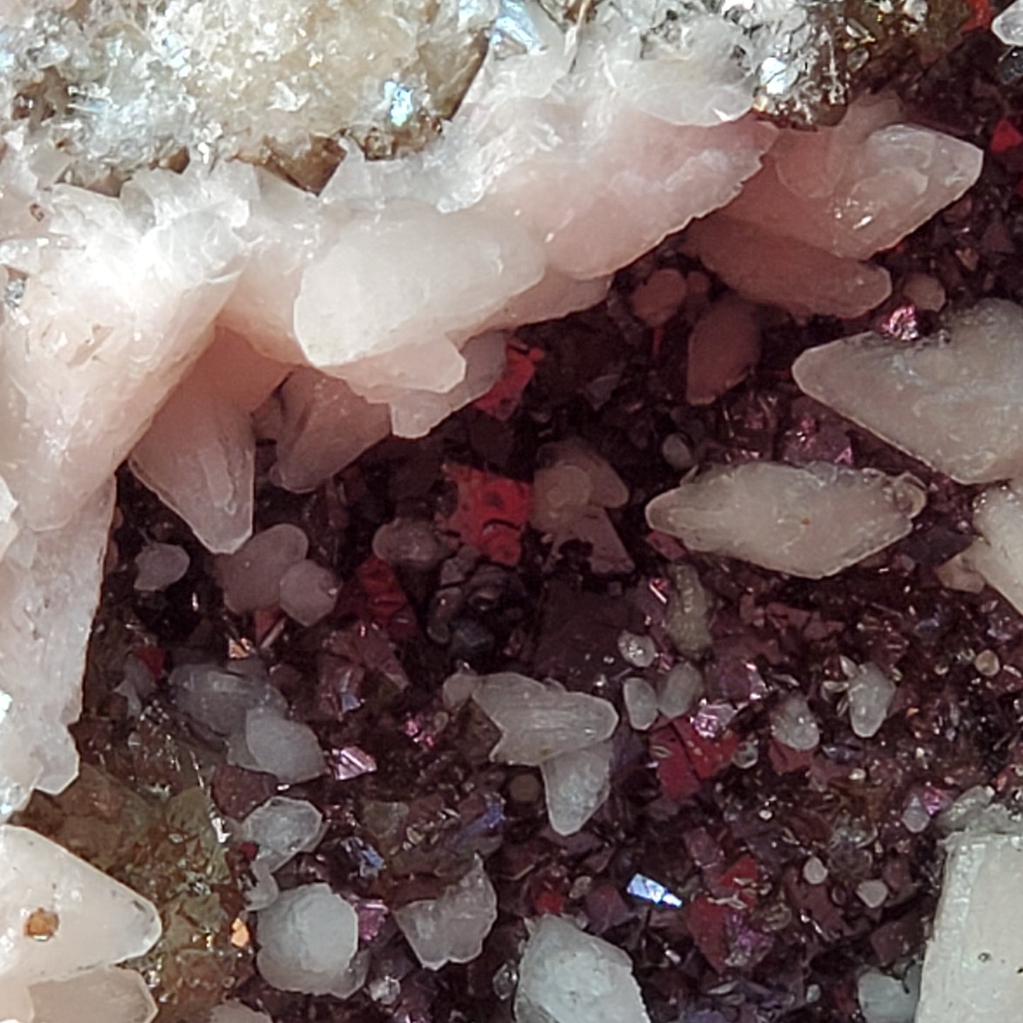 Iridescent brown and pink calcite geode set (cracked)