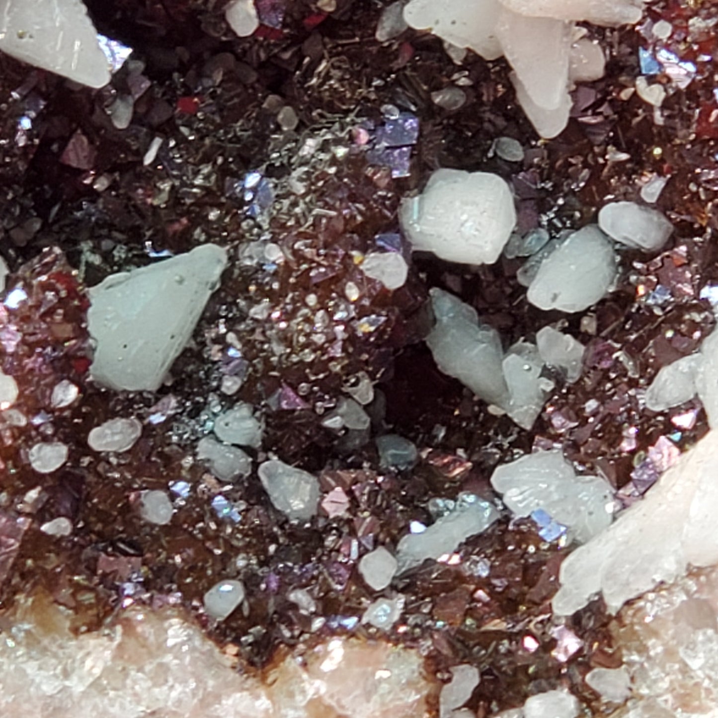 Iridescent brown and pink calcite geode set (cracked)